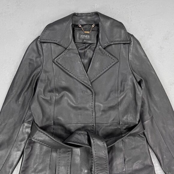 Vintage Jones New York Black Leather Snap Front Belted Long Coat Women's Small - Picture 2 of 4